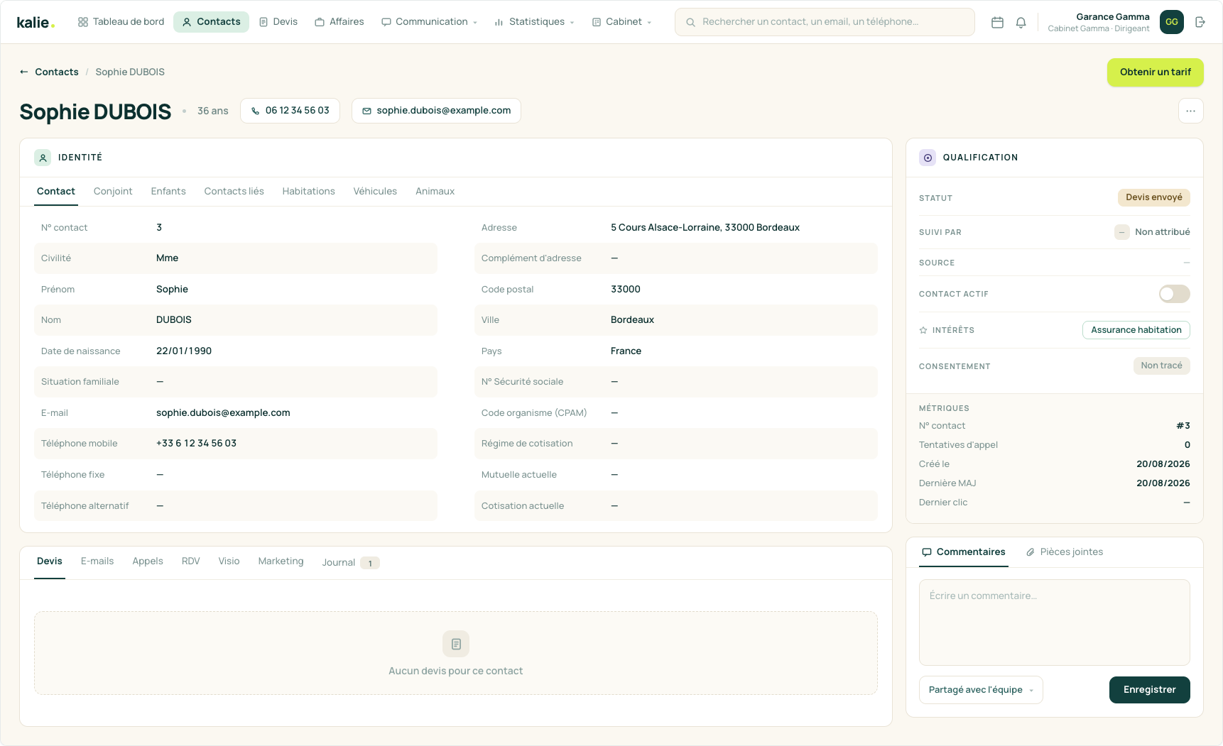 La fiche client dans Kalie